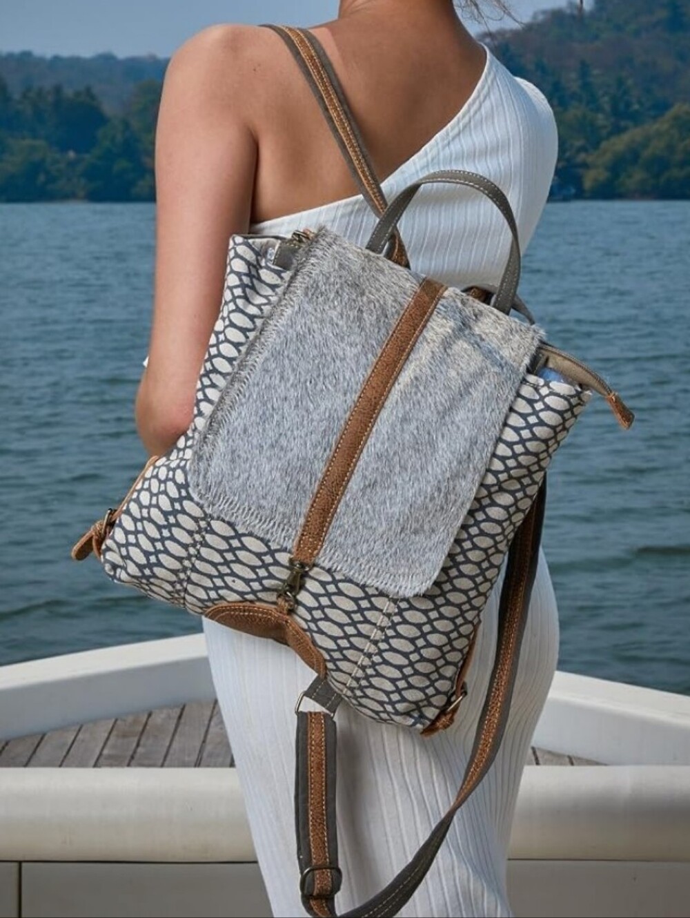 Myra Bag Gray Patterned Backpack with Fur Detail